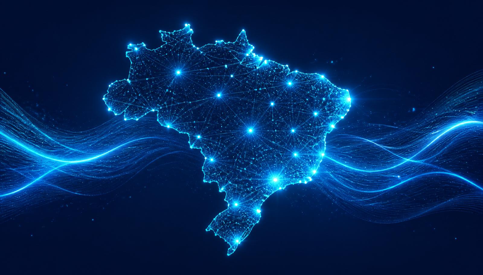 Mapa do Brasil em rede luminosa conectando parceiros da Infinite Blue