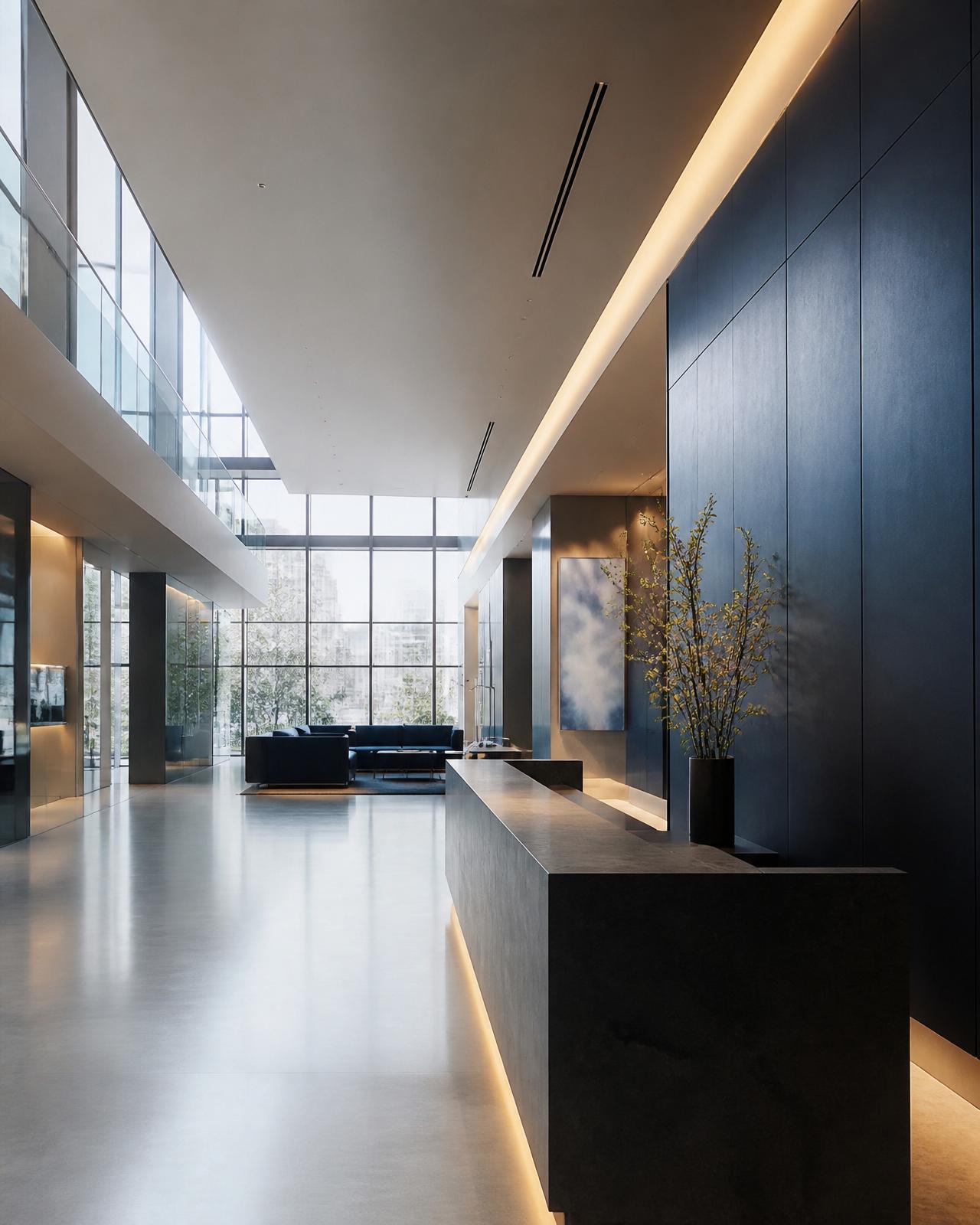 Interior sofisticado de centro médico premium com arquitetura contemporânea
